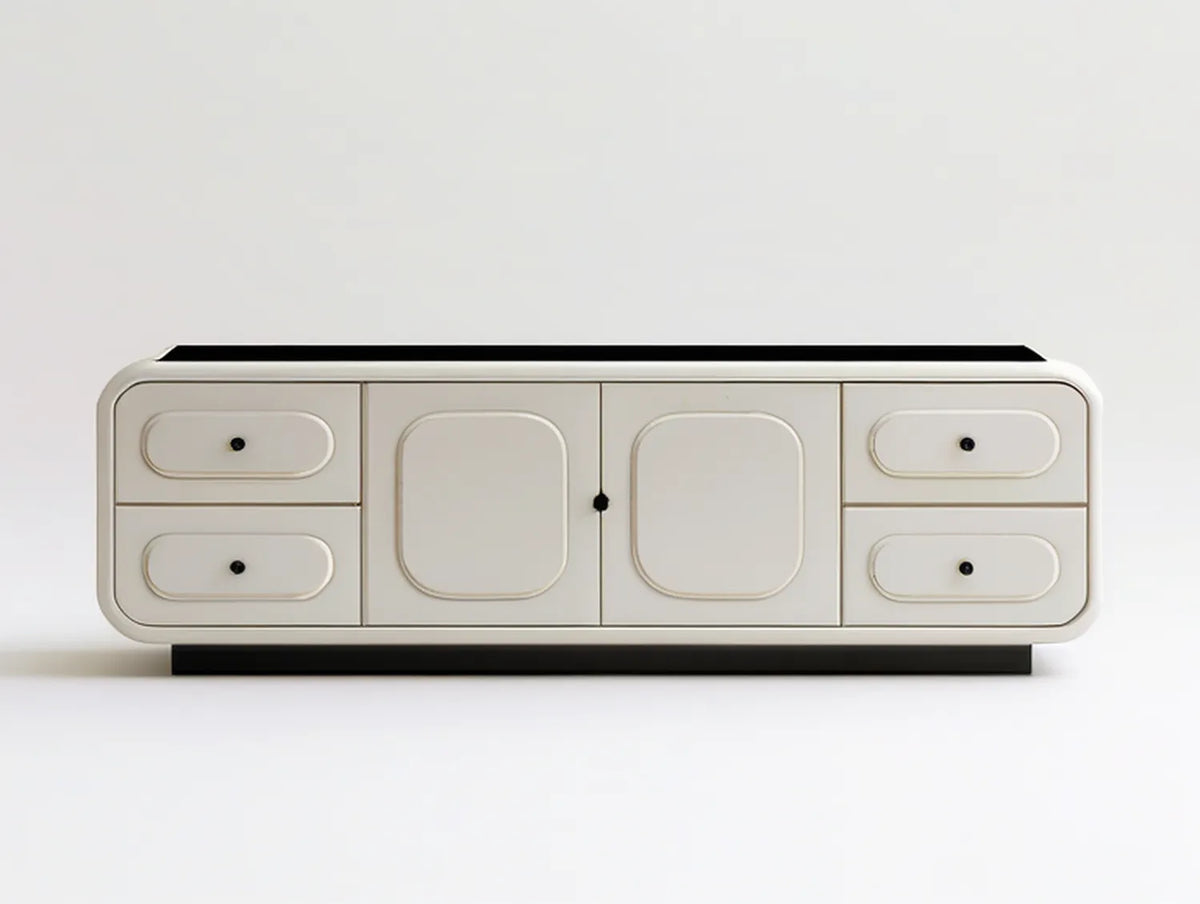 78.7 x 15.7 x 23.6 in Ivory and Black MDF Media Console with Tempered Glass Top