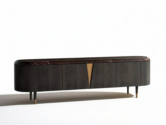 70.9 x 17.7 x 21.7 in Contemporary Black Oak Veneer TV Stand with Burgundy Marble Top and Gold Accents