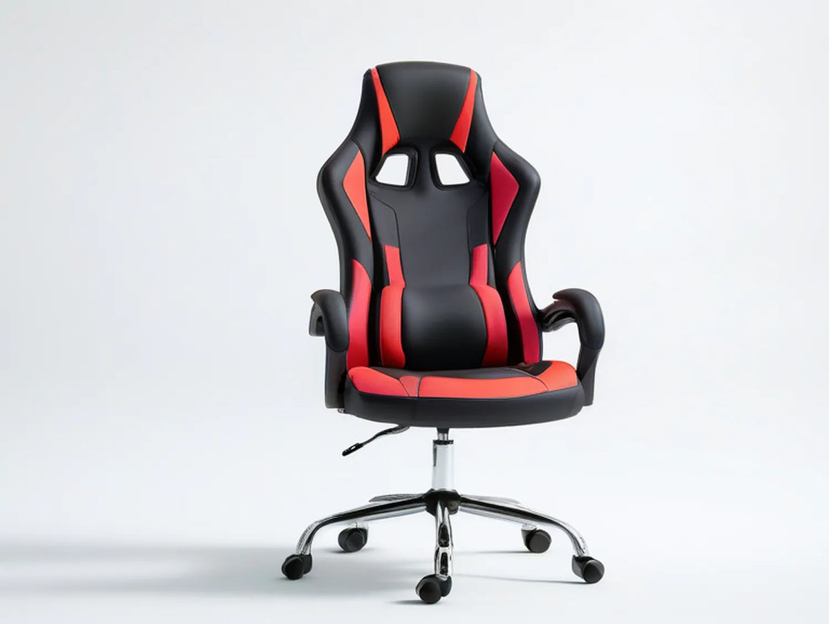 Black/Red PU Leather High-Back Swivel Chair with Reclining Backrest, 26 x 26 x 45-49 in