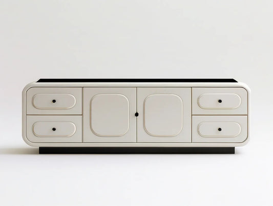78.7 x 15.7 x 23.6 in Ivory and Black MDF Media Console with Tempered Glass Top