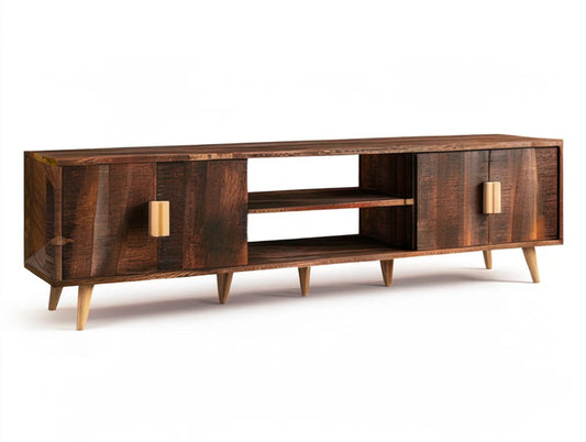 Solid Mango Wood TV Stand, 63 x 16 x 24 in, Dark Brown with Brass Handles