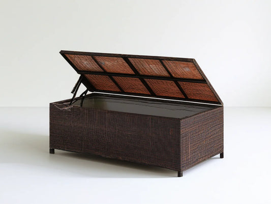 Brown PE Rattan Outdoor Storage Box with Gas Struts, 47.2 x 23.6 x 23.6 in