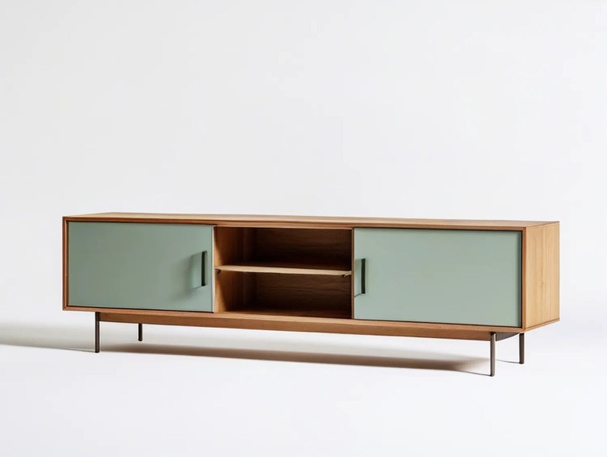 71 in. Natural Brown Media Console with Sage Green Doors and Black Metal Legs