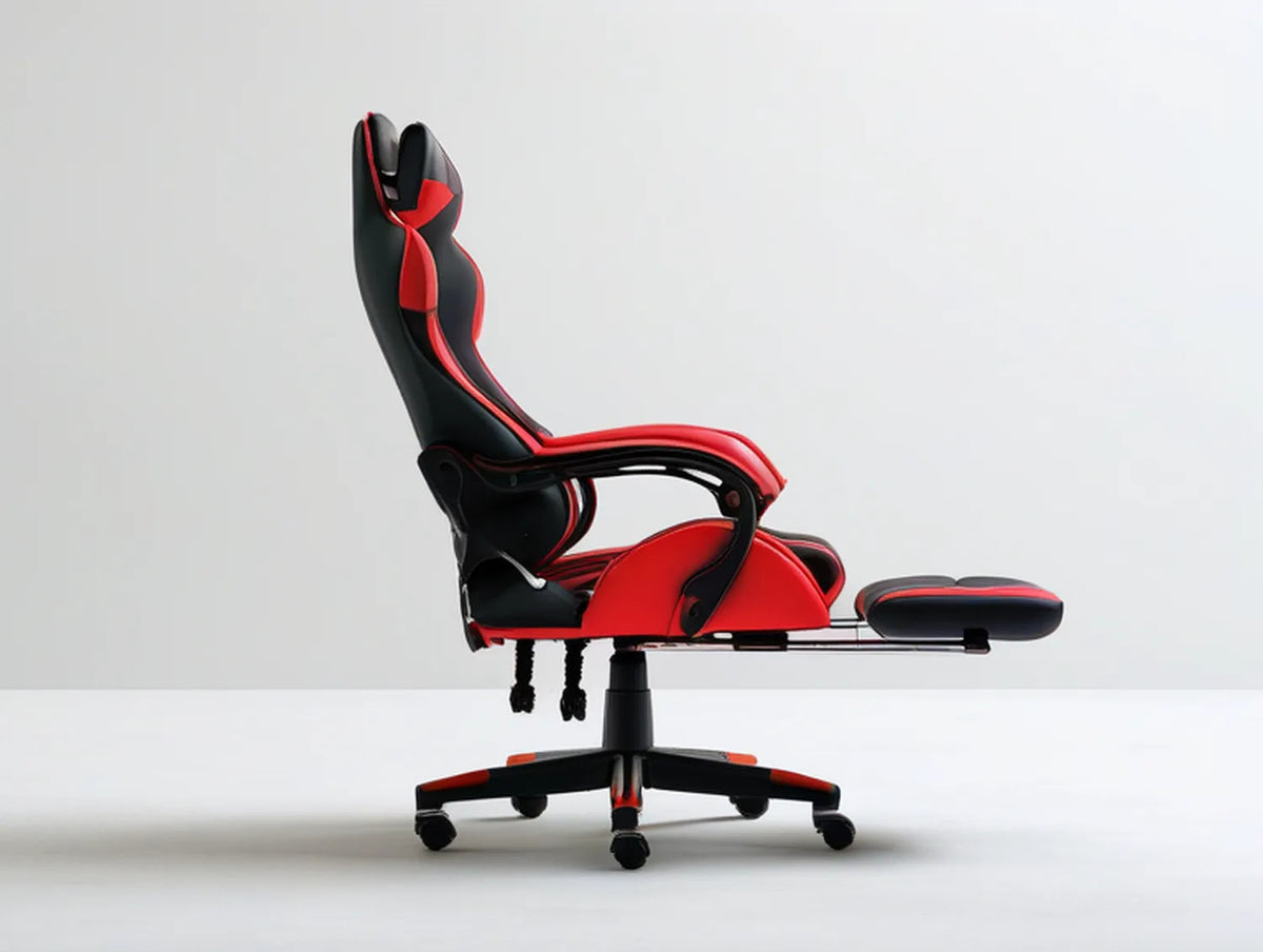 Black/Red Reclining High-Back Racing Style PU Leather Gaming Chair with Footrest, 26.8 x 26.8 x 48.4-51.6 in