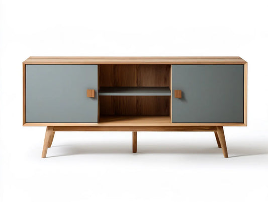 Mid-Century Modern Walnut and Gray Media Console, 59.1 x 15.7 x 29.5 in